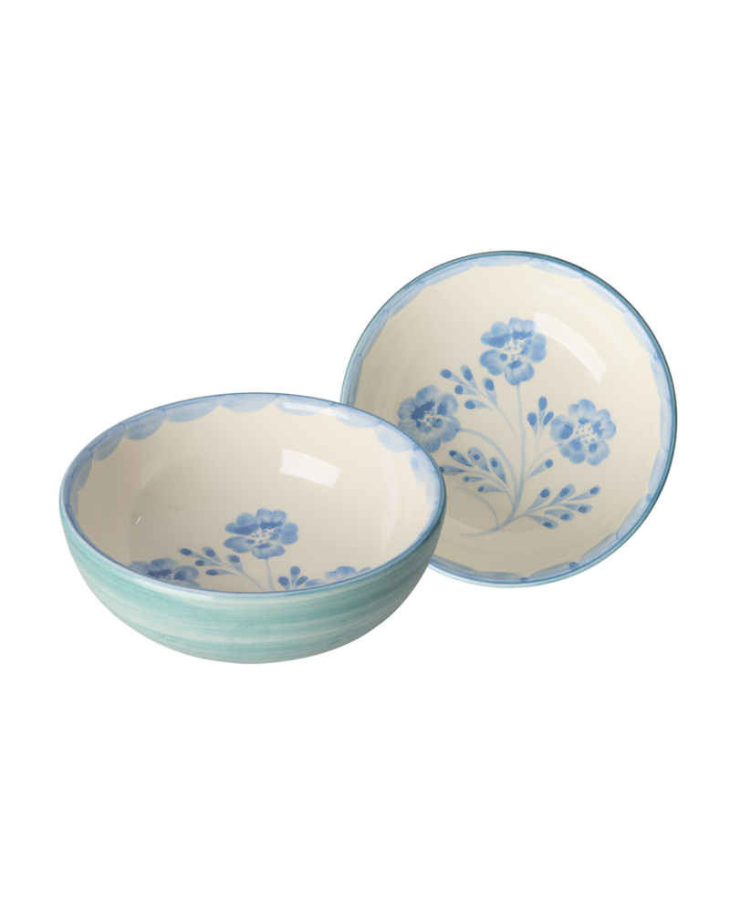 Ceramic Bowl - Green - Hand-painted Blue Flowers