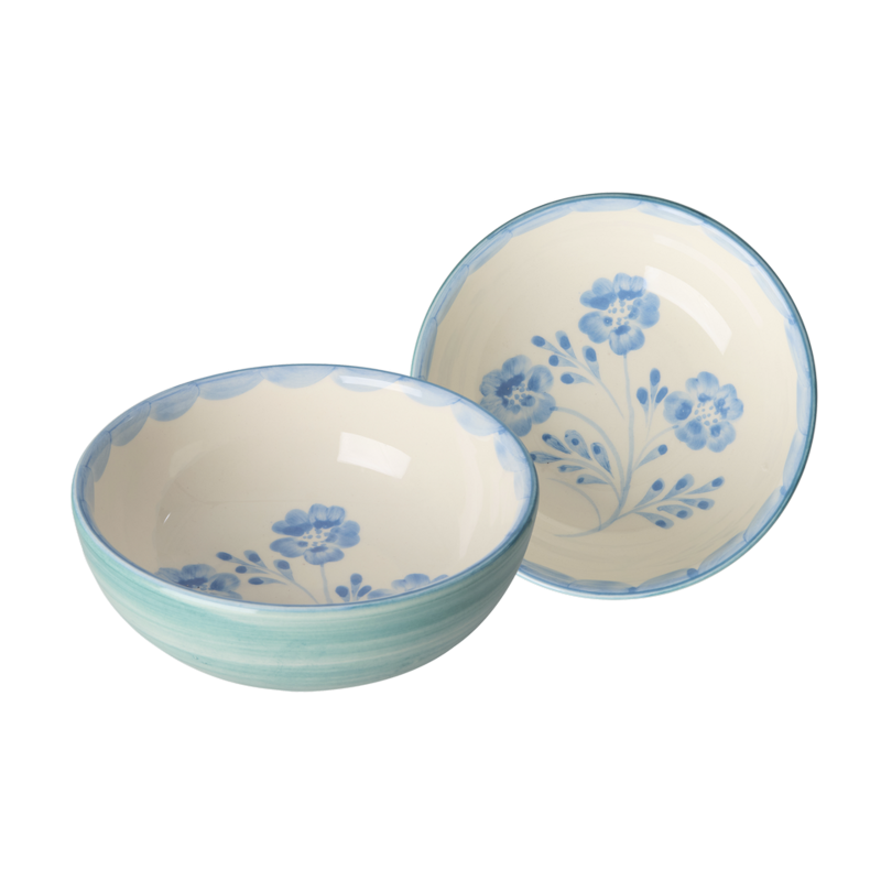 Ceramic Bowl - Green - Hand-painted Blue Flowers