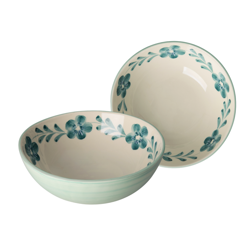 Large Ceramic Bowl - Green - Hand-painted Green Flower Vine