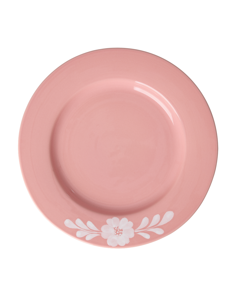 Ceramic Dinner Plate - Pink - Hand-painted White Flower Vine