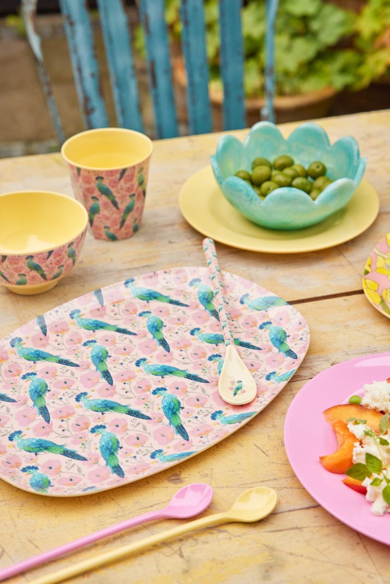 Large Rectangular Dinner Plate - Soft Pink - Exotic Bird Print