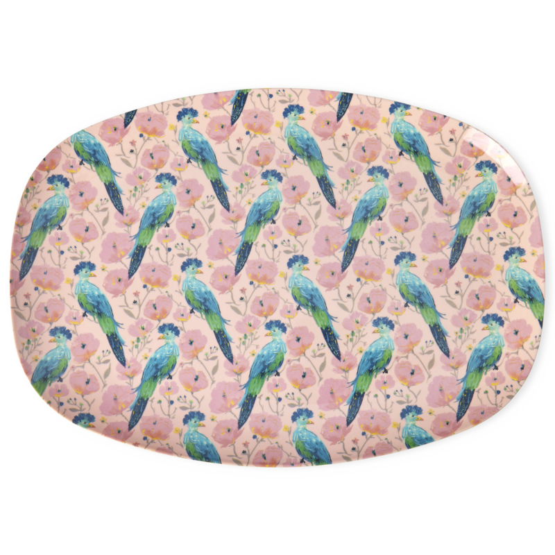 Large Rectangular Dinner Plate - Soft Pink - Exotic Bird Print